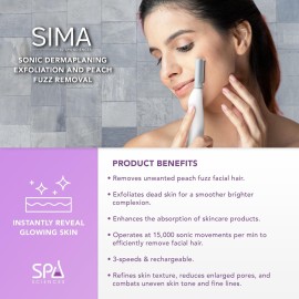 SPA SCIENCES - SIMA Patented Dermaplane Razor for Women Face - Painless 2-in-1 Facial Exfoliation & Peach Fuzz Hair Removal - Anti-Aging - 3 Speeds - Rechargeable - 7 Weeks Treatment SPA SCIENCES - SIMA Patented Dermaplane Razor for Women Face - Painless 2-in-1 Facial Exfoliation & Peach Fuzz Hair Removal - Anti-Aging - 3 Speeds - Rechargeable - 7 Weeks Treatment