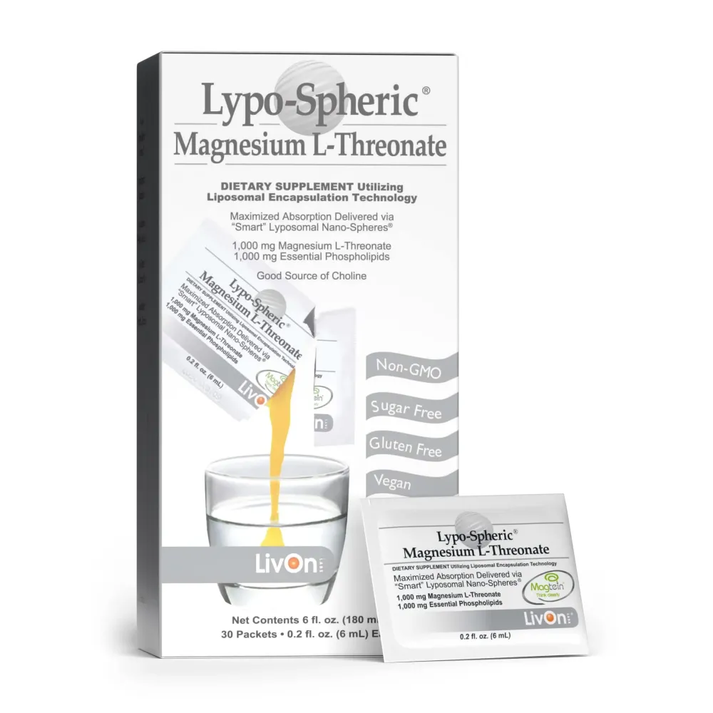 LivOn Laboratories Lypo-Spheric Magnesium L-Threonate - 30 Packets - 77mg Per Packet - Liposome Encapsulated for Maximum Bioavailability - Professionally Formulated - 100% Non-GMO LivOn Laboratories Lypo-Spheric Magnesium L-Threonate - 30 Packets - 77mg Per Packet - Liposome Encapsulated for Maximum Bioavailability - Professionally Formulated - 100% Non-GMO