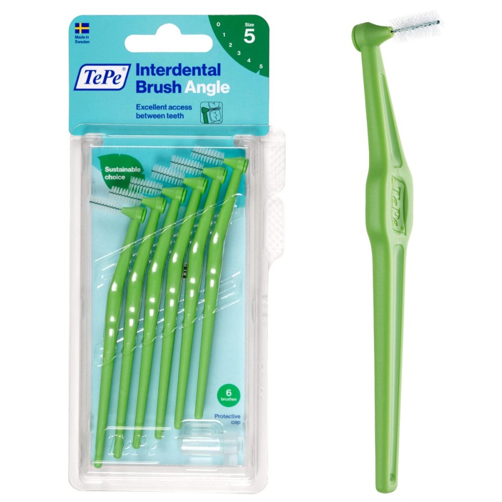 TEPE Interdental Brush Angle, Angled Dental Brush for Teeth Cleaning, Pack of 6, 0.8 mm, Large Gaps, Green, Size 5 TEPE Interdental Brush Angle, Angled Dental Brush for Teeth Cleaning, Pack of 6, 0.8 mm, Large Gaps, Green, Size 5