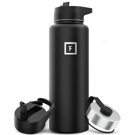 IRON FLASK Camping & Hiking Hydration Flask with 3 Lids - Stainless Steel, Double Walled & Vacuum Insulated Water Bottle - Leak Proof & BPA Free (Midnight Black, Straw - 40 oz)