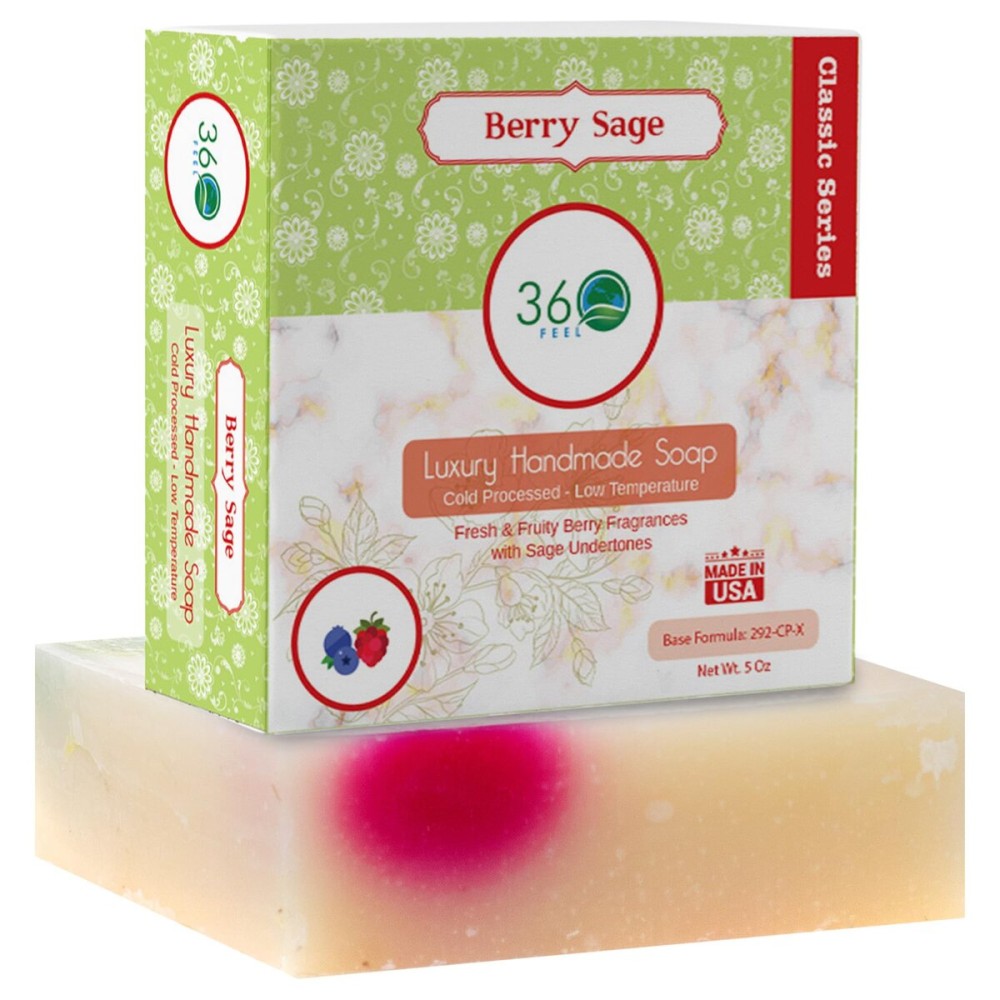360Feel Berry Sage Soap - Made in USA - Castile Handmade, All-Natural, Cold Processed - Infused with Berry Sage for Refreshing Cleanse, Gentle Moisturizing Care, and Rich Creamy Lather - 5 oz 360Feel Berry Sage Soap - Made in USA - Castile Handmade, All-Natural, Cold Processed - Infused with Berry Sage for Refreshing Cleanse, Gentle Moisturizing Care, and Rich Creamy Lather - 5 oz
