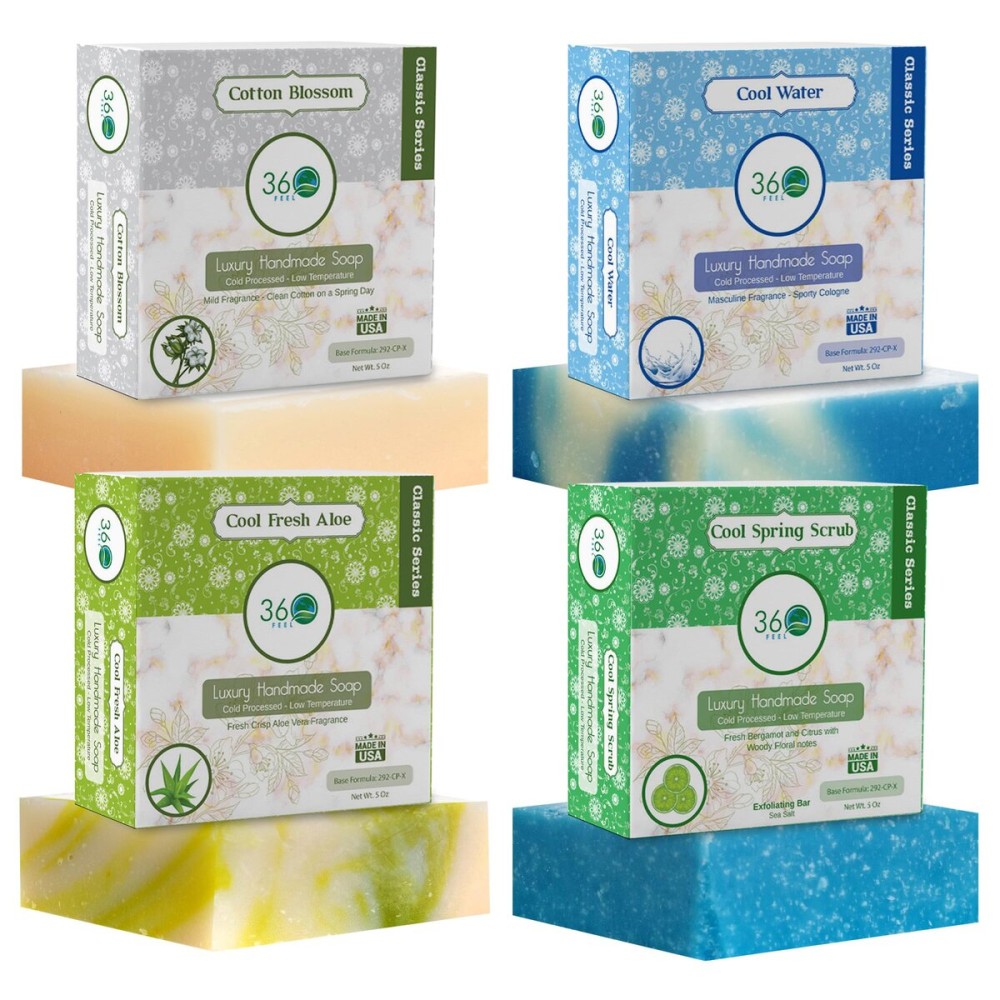 360 Feel Fresh Bar Soap Set - Made in the USA - Castile Handmade All Natural Cold Processed - Infused 4 Refreshing Scents Aloe Vera, Cotton Blossom, Spring Scrub, & Cool Water - (5oz, 4-Pack) 360 Feel Fresh Bar Soap Set - Made in the USA - Castile Handmade All Natural Cold Processed - Infused 4 Refreshing Scents Aloe Vera, Cotton Blossom, Spring Scrub, & Cool Water - (5oz, 4-Pack)