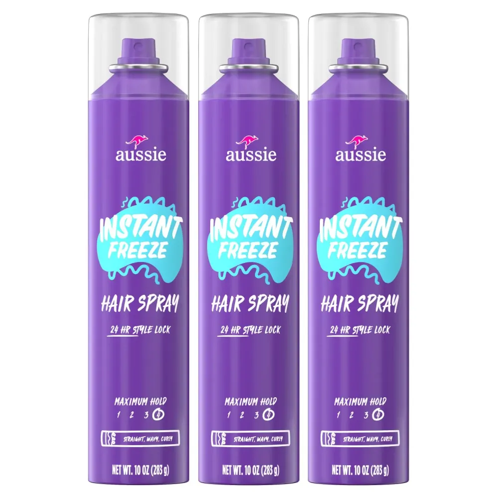 Aussie Instant Freeze Hair Spray for Extreme Hold, Infused with Jojoba Oil & Sea Kelp, Long-Lasting All-Day Hold, Fresh Citrus Scent, Safe for All Hair Types, 10 Fl Oz, 3 Pack Aussie Instant Freeze Hair Spray for Extreme Hold, Infused with Jojoba Oil & Sea Kelp, Long-Lasting All-Day Hold, Fresh Citrus Scent, Safe for All Hair Types, 10 Fl Oz, 3 Pack