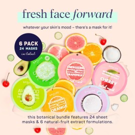 SpaLife Beauty Fruit Facial Sheet Masks 24 Pack - Face Masks Skincare Set - Hydrating Face Masks - 6 Natural Fruit Extract Formulas - Orange, Grapefruit, Coconut, Cherry, Avodcado, Cucumber