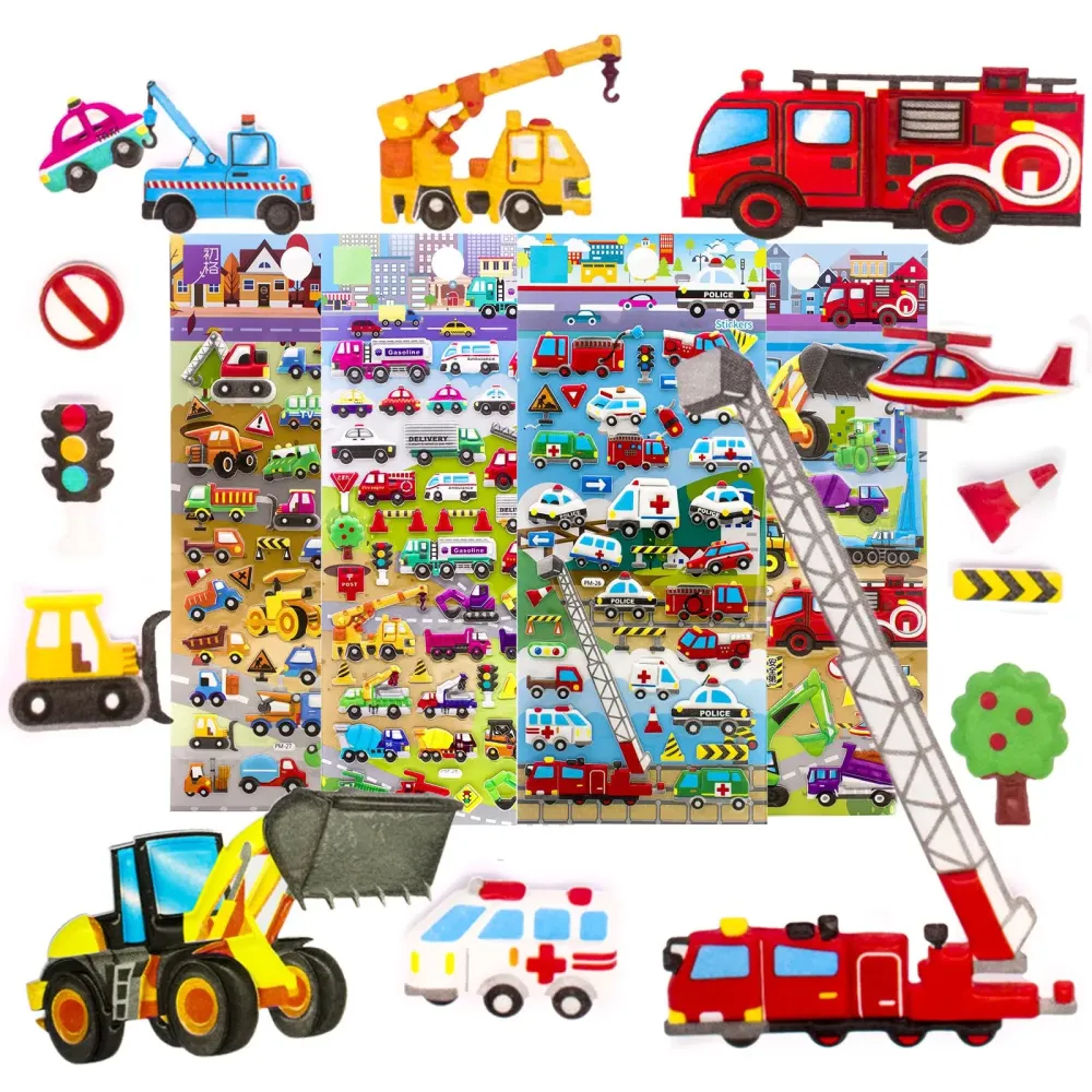imnext2u 3D Puffy Stickers for Kids Reusable Car Sticker for Toddler, Boys, Girls Includes Truck Construction Tractor - 4 Sheets (Vehicle)
