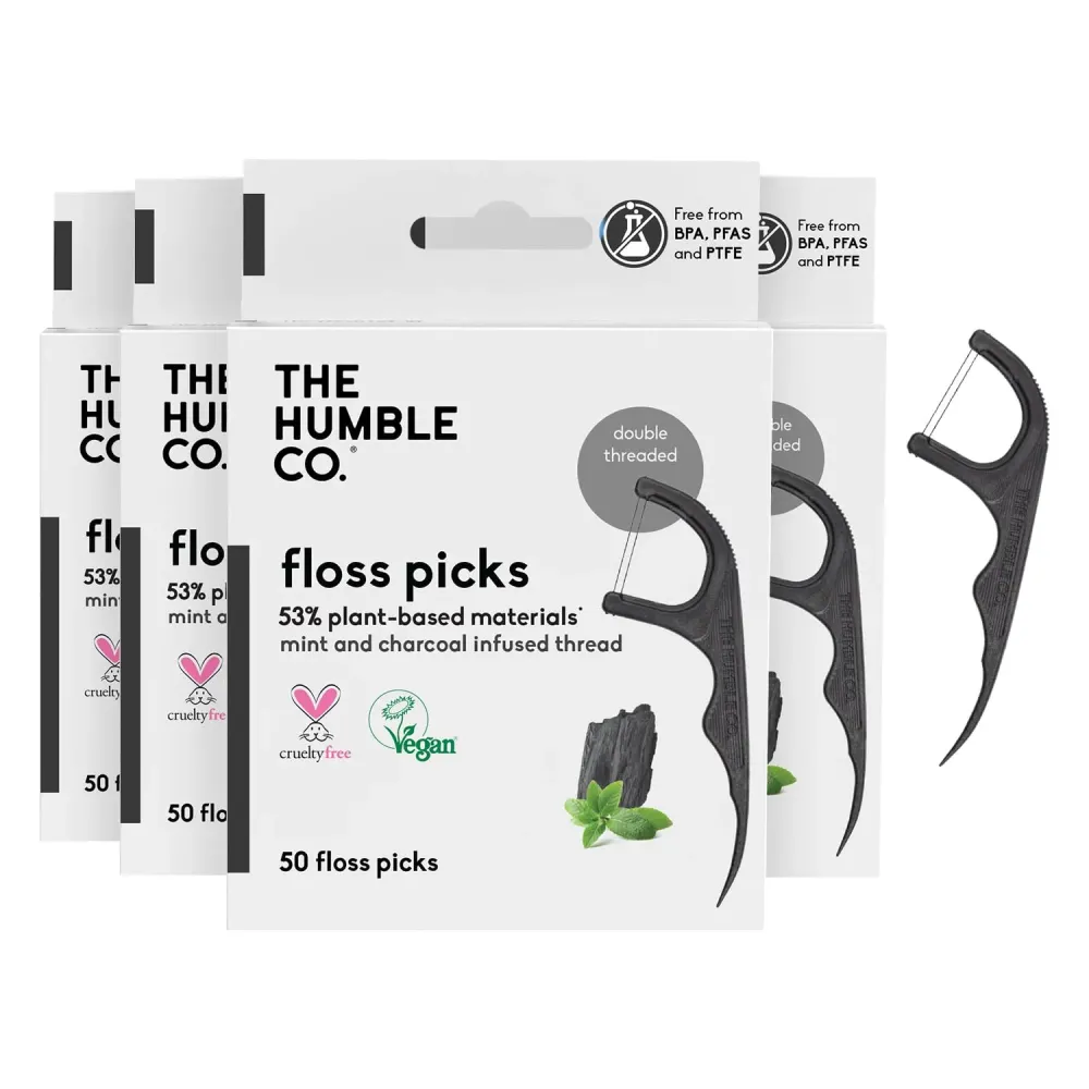 The Humble Co. Floss Picks (200 Count) - Plant Based Dental Floss Picks for Superior Oral Care, Dental Hygiene, and Gum Health, Cruelty Free Tooth Floss Picks (Charcoal, Double Thread) The Humble Co. Floss Picks (200 Count) - Plant Based Dental Floss Picks for Superior Oral Care, Dental Hygiene, and Gum Health, Cruelty Free Tooth Floss Picks (Charcoal, Double Thread)