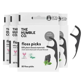 The Humble Co. Floss Picks (200 Count) - Plant Based Dental Floss Picks for Superior Oral Care, Dental Hygiene, and Gum Health, Cruelty Free Tooth Floss Picks (Charcoal, Double Thread)