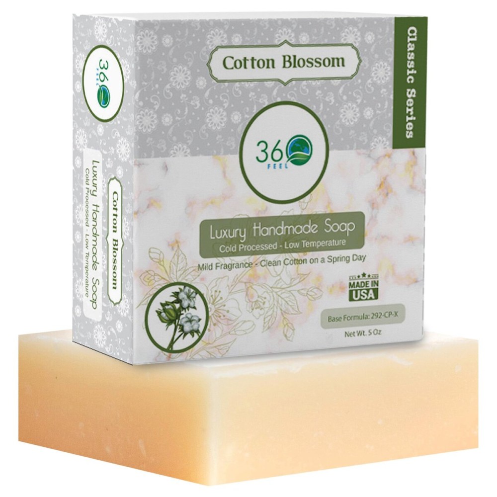 360Feel Clean cotton Soap 5 oz Castile Handmade Soaps -Refreshing Spring scent- Essential Oil Natural Mans Soap bar- Anniversary Wedding Gifts- Made in USA-Gift ready Cotton Blossom 360Feel Clean cotton Soap 5 oz Castile Handmade Soaps -Refreshing Spring scent- Essential Oil Natural Mans Soap bar- Anniversary Wedding Gifts- Made in USA-Gift ready Cotton Blossom