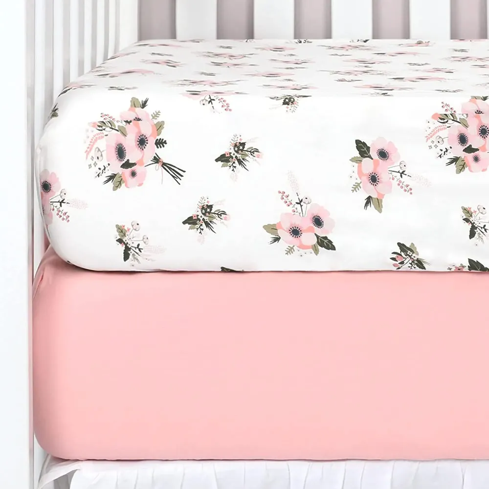 TILLYOU Fitted Crib Sheets - 100% Cotton Fitted Sheets for Standard Crib Mattress, Toddler Bed Mattress Fitted Sheets 2 Pack, Machine Washable, 28x52, Pink&Floral Flowers TILLYOU Fitted Crib Sheets - 100% Cotton Fitted Sheets for Standard Crib Mattress, Toddler Bed Mattress Fitted Sheets 2 Pack, Machine Washable, 28x52, Pink&Floral Flowers