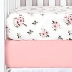 TILLYOU Fitted Crib Sheets - 100% Cotton Fitted Sheets for Standard Crib Mattress, Toddler Bed Mattress Fitted Sheets 2 Pack, Machine Washable, 28x52, Pink&Floral Flowers
