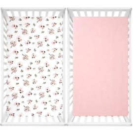 TILLYOU Fitted Crib Sheets - 100% Cotton Fitted Sheets for Standard Crib Mattress, Toddler Bed Mattress Fitted Sheets 2 Pack, Machine Washable, 28x52, Pink&Floral Flowers TILLYOU Fitted Crib Sheets - 100% Cotton Fitted Sheets for Standard Crib Mattress, Toddler Bed Mattress Fitted Sheets 2 Pack, Machine Washable, 28x52, Pink&Floral Flowers