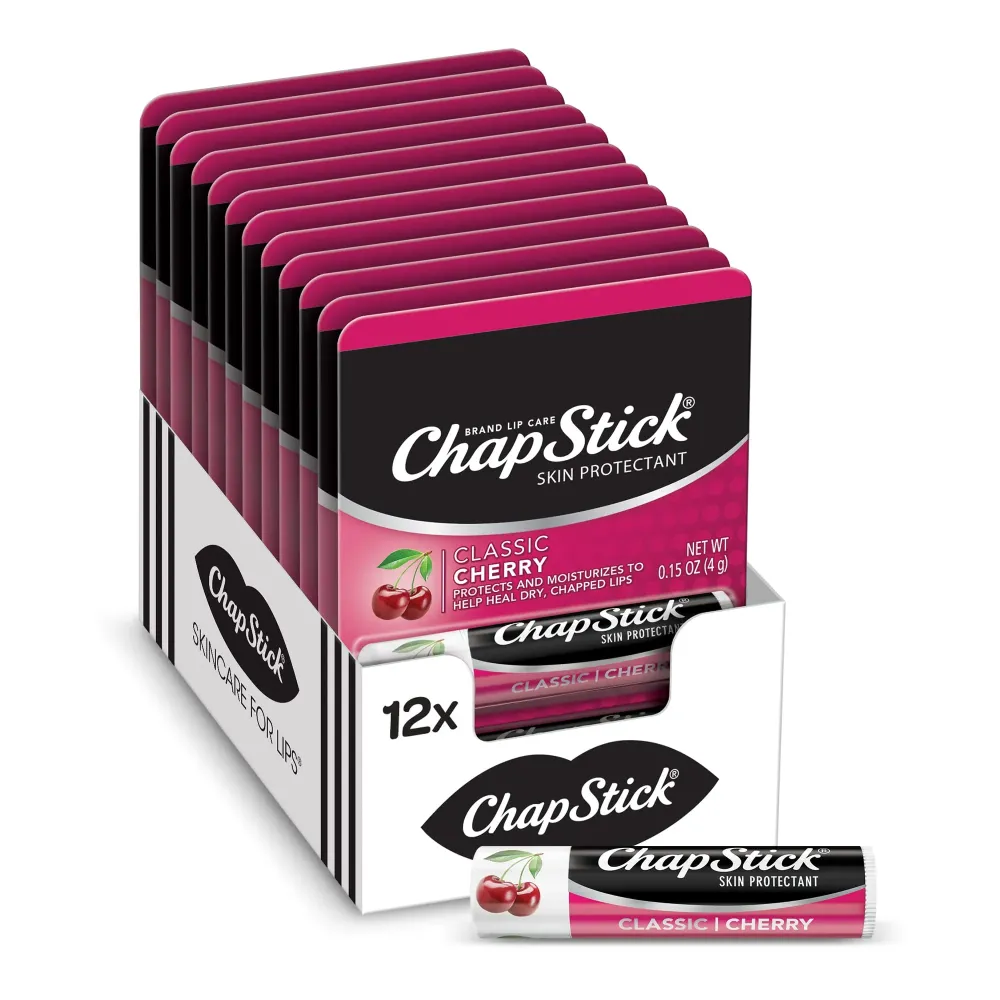 ChapStick Classic Cherry Lip Balm Tube, Flavored Lip Balm for Lip Care on Chafed, Chapped or Cracked Lips - 0.15 Oz (Pack of 12) ChapStick Classic Cherry Lip Balm Tube, Flavored Lip Balm for Lip Care on Chafed, Chapped or Cracked Lips - 0.15 Oz (Pack of 12)