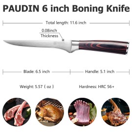 PAUDIN Boning Knife, Super Sharp German High Carbon Stainless Steel Deboning Knife, Professional for Meat, Poultry, Chicken, Pakkawood Handle with Gift Box