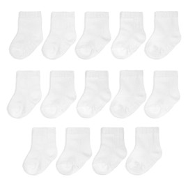Fruit of the Loom Baby 14-Pack Grow & Fit Flex Zones Cotton Stretch Socks - Unisex, Girls, Boys (12-24 Months, White)
