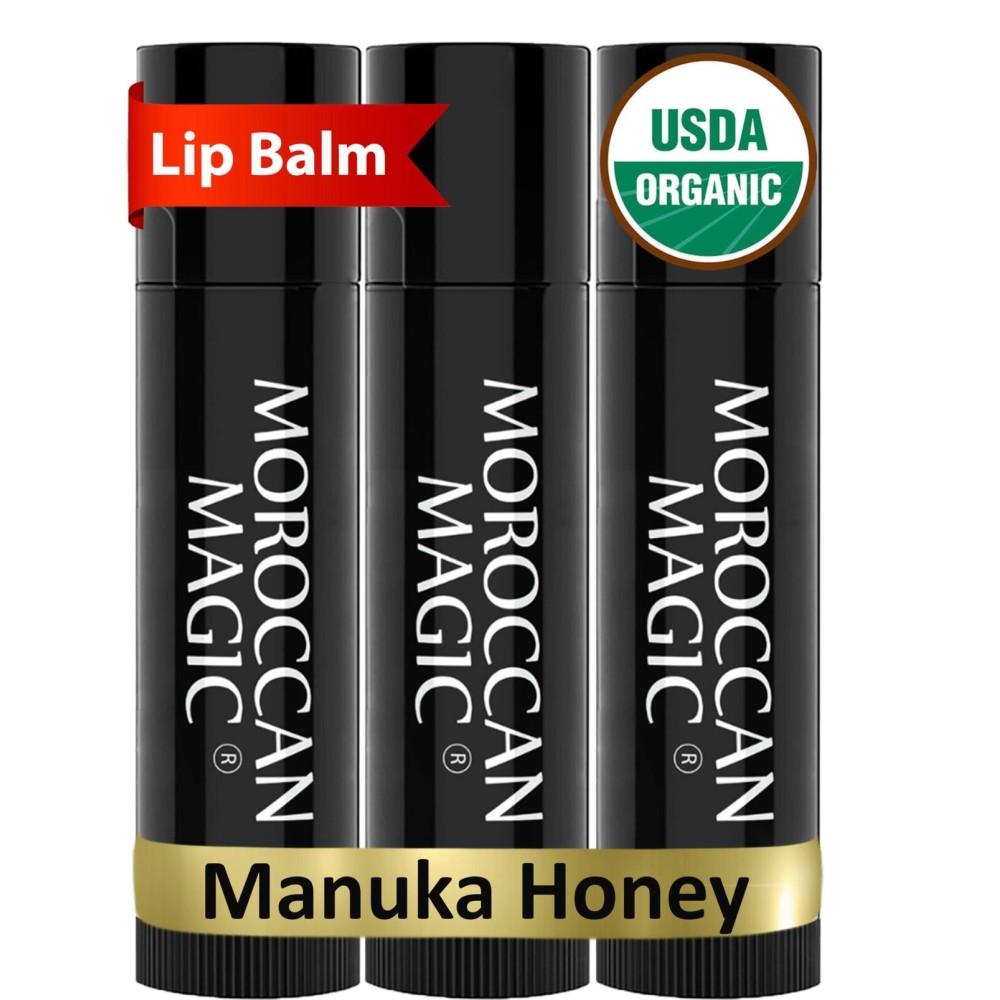 Moroccan Magic Organic Manuka Honey Lip Balm 3 Pack | Made with Natural Cold Pressed Argan and Essential Oils Lip Balm | Smooth Application Moroccan Magic Organic Manuka Honey Lip Balm 3 Pack | Made with Natural Cold Pressed Argan and Essential Oils Lip Balm | Smooth Application