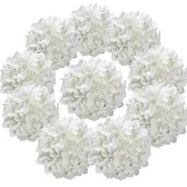 Flojery Silk Hydrangea Heads Artificial Flowers Heads with Stems for Home Wedding Decor,Pack of 10 (White)