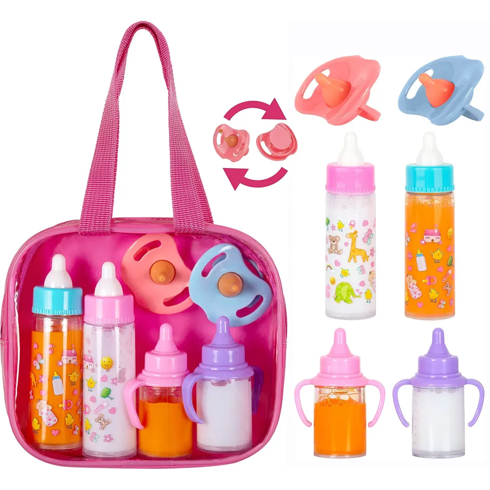 fash n kolor, My Sweet Baby Disappearing Doll Feeding Set, Baby Care 6 Piece Doll Feeding Set for Toy Stroller | 2 Milk & Juice Bottles with 2 Toy Pacifier for Baby Dolls