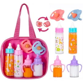fash n kolor, My Sweet Baby Disappearing Doll Feeding Set, Baby Care 6 Piece Doll Feeding Set for Toy Stroller | 2 Milk & Juice Bottles with 2 Toy Pacifier for Baby Dolls