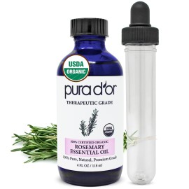 PURA D\'OR Organic Rosemary Essential Oil, 4oz, Therapeutic Grade, for Hair, Body, Skin, Aromatherapy, Relaxation, Massage, Mood, Relief, Home, DIY Soap