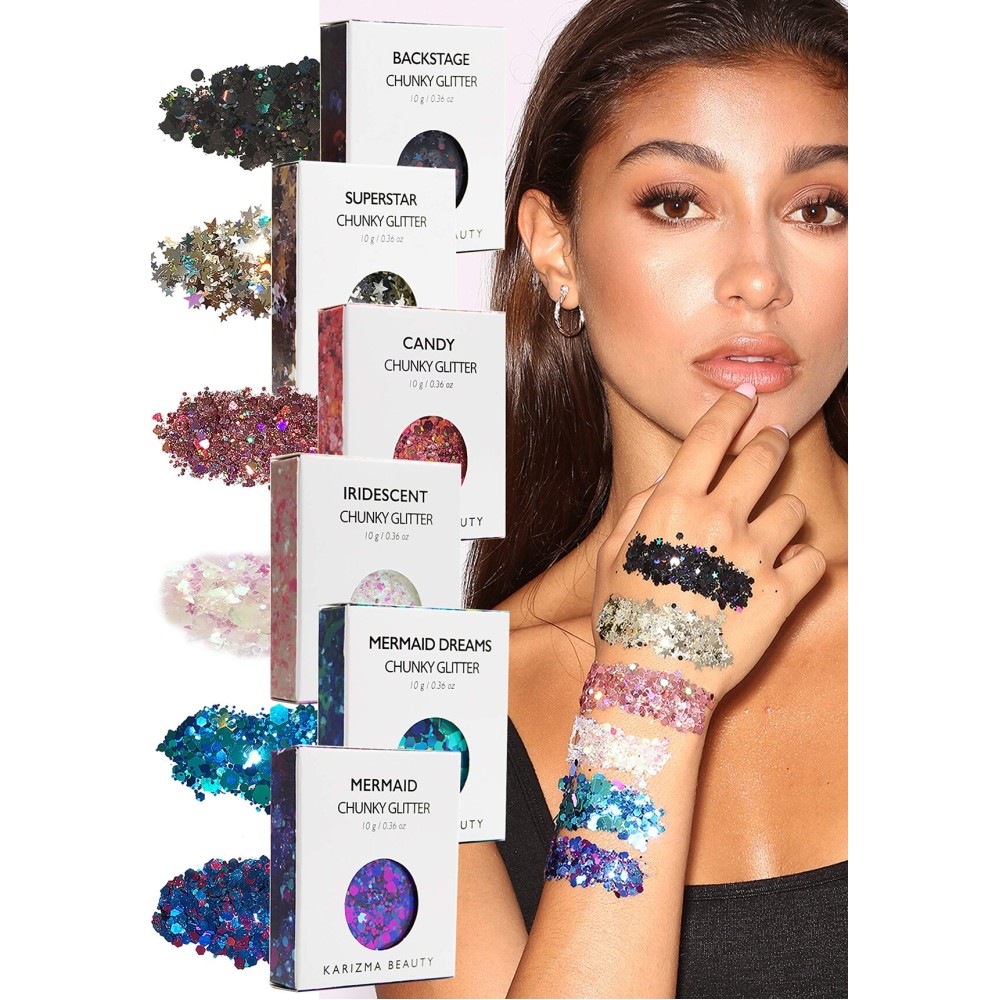KARIZMA Kiss My Bass! 6X 10g Chunky Face Glitter, Hair, Eye and Body Glitter for Women and Men. Rave Glitter, Festival Accessories and Cosmetic Makeup. Loose Pots