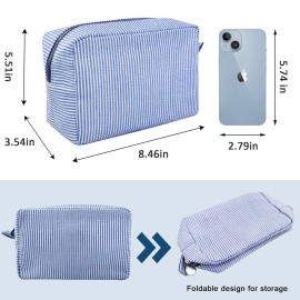 GFU Makeup Bag for Women, Cute Cosmetic Bag, Lightweight Toiletry Make up Bag, Large Seersucker Aesthetic Organizer Storage Pouch for Girls, Women and Moms Gifts, Blue GFU Makeup Bag for Women, Cute Cosmetic Bag, Lightweight Toiletry Make up Bag, Large Seersucker Aesthetic Organizer Storage Pouch for Girls, Women and Moms Gifts, Blue