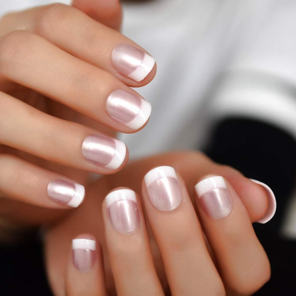 Pearl Shine Pink French Nail Press On Nails for Daily Wear White Round Fake Nails Short Glossy Satin Artificial Lady Fingernails with Adhesive Tabs Pearl Shine Pink French Nail Press On Nails for Daily Wear White Round Fake Nails Short Glossy Satin Artificial Lady Fingernails with Adhesive Tabs