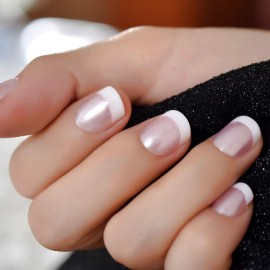 Pearl Shine Pink French Nail Press On Nails for Daily Wear White Round Fake Nails Short Glossy Satin Artificial Lady Fingernails with Adhesive Tabs Pearl Shine Pink French Nail Press On Nails for Daily Wear White Round Fake Nails Short Glossy Satin Artificial Lady Fingernails with Adhesive Tabs