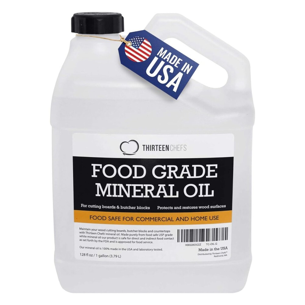 Thirteen Chefs Mineral Oil - 128oz Food Grade Conditioner for Wood Cutting Board, Countertop & Butcher Block, Lubricant for Knife or Meat Grinder - Safe USP Finish on Marble, Soapstone Thirteen Chefs Mineral Oil - 128oz Food Grade Conditioner for Wood Cutting Board, Countertop & Butcher Block, Lubricant for Knife or Meat Grinder - Safe USP Finish on Marble, Soapstone