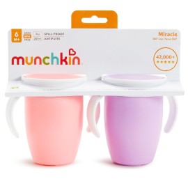 Munchkin Sippy Cup for 6 Month Old and Up, Spill Proof Miracle 360 Toddler Cups with Transition Handles, 7 Ounce, 2 Pack, Pink/Purple Munchkin Sippy Cup for 6 Month Old and Up, Spill Proof Miracle 360 Toddler Cups with Transition Handles, 7 Ounce, 2 Pack, Pink/Purple