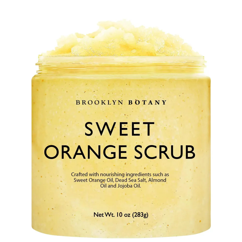 Brooklyn Botany Dead Sea Salt and Sweet Orange Body Scrub - Moisturizing and Exfoliating Body, Face, Hand, Foot Scrub - Fights Stretch Marks, Fine Lines, Wrinkles - Great Gifts for Women & Men - 10 oz