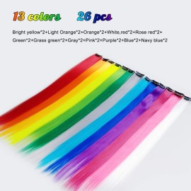 26 Packs Colored Hair Extensions 20Inch Straight Multi-Colors Party Highlights Clip In Hair Extension Synthetic Rainbow Hairpieces for Girls Kids Gift(13 colored) 26 Packs Colored Hair Extensions 20Inch Straight Multi-Colors Party Highlights Clip In Hair Extension Synthetic Rainbow Hairpieces for Girls Kids Gift(13 colored)