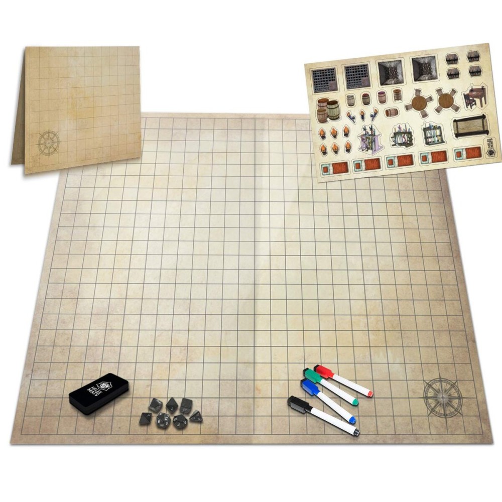 Melee Mats DND Map Starter Kit - 23 x 27 Double Sided, Wet/Dry Erase Battle Terrain Grid - Ultimate Tabletop Board Gaming Experience with Accessories
