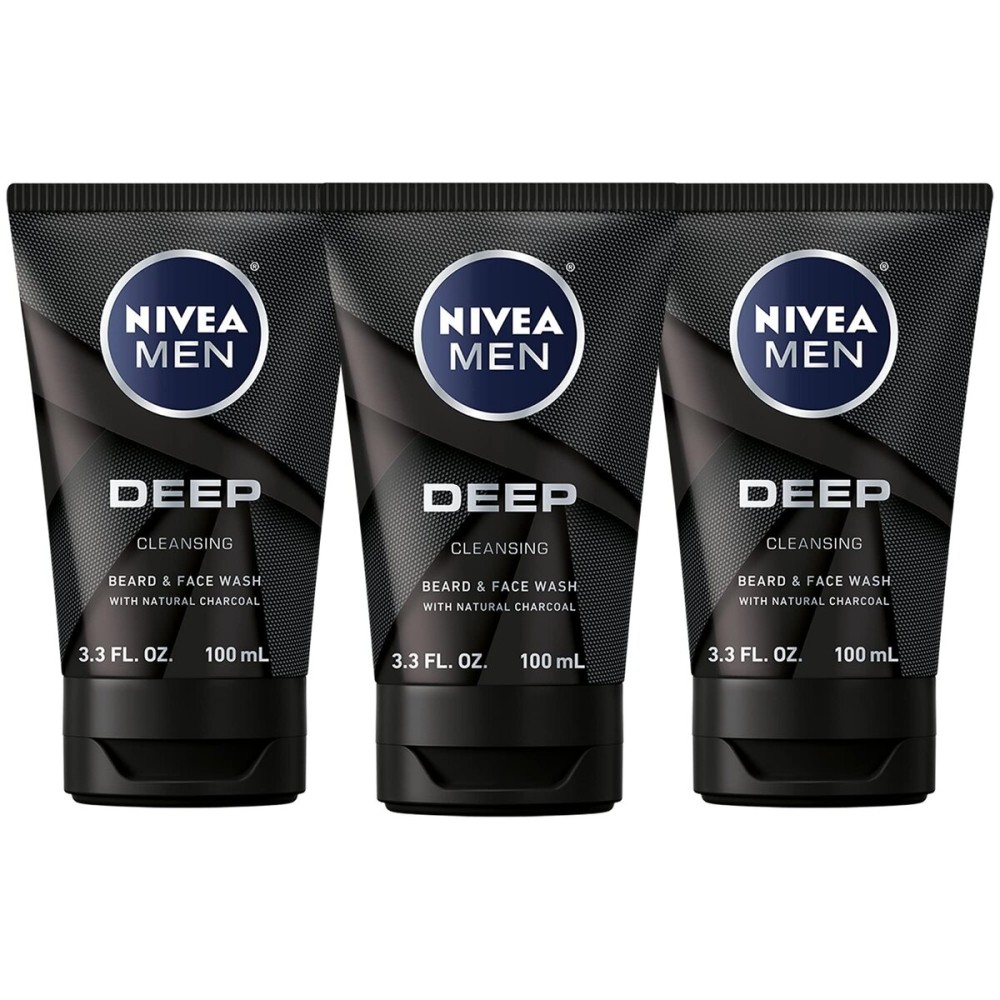 NIVEA MEN DEEP Cleansing Beard and Face Wash, Enriched with Natural Charcoal, 3 Pack of 3.3 Fl Oz Tubes NIVEA MEN DEEP Cleansing Beard and Face Wash, Enriched with Natural Charcoal, 3 Pack of 3.3 Fl Oz Tubes