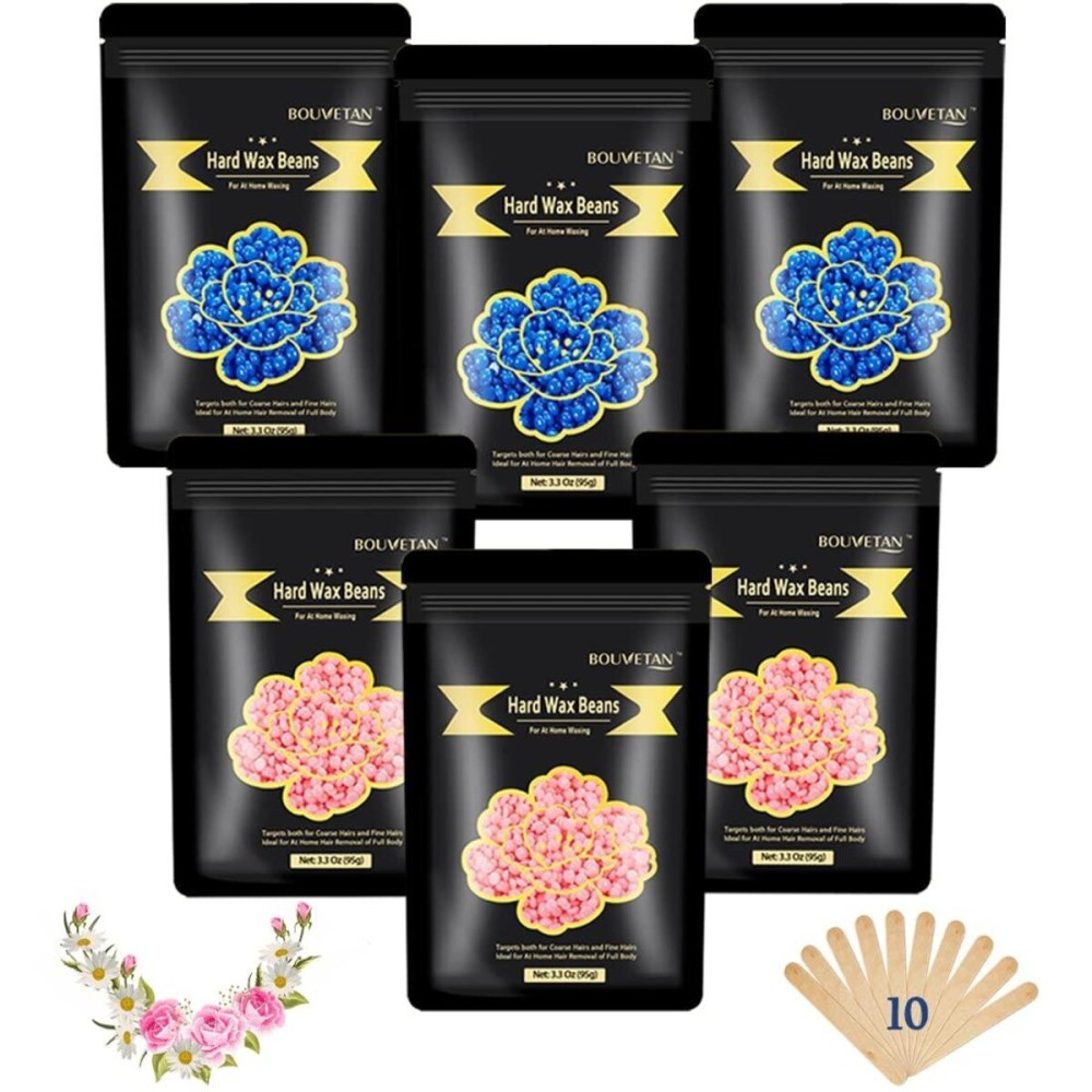 Bouvetan 1.3Lb/21oz Wax Beads for Brazilian, Eyebrow, Face, Bikini, Legs, Arms Waxing - 6 Packs with 10 Wax Spatulas for Women and Men Bouvetan 1.3Lb/21oz Wax Beads for Brazilian, Eyebrow, Face, Bikini, Legs, Arms Waxing - 6 Packs with 10 Wax Spatulas for Women and Men