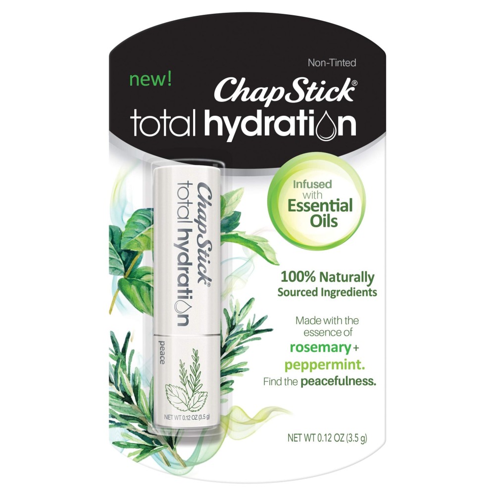 ChapStick Total Hydration Essential Oils Peace Lip Balm, Rosemary + Peppermint Lip Balm Tube, Lip Care - 0.12 Oz ChapStick Total Hydration Essential Oils Peace Lip Balm, Rosemary + Peppermint Lip Balm Tube, Lip Care - 0.12 Oz