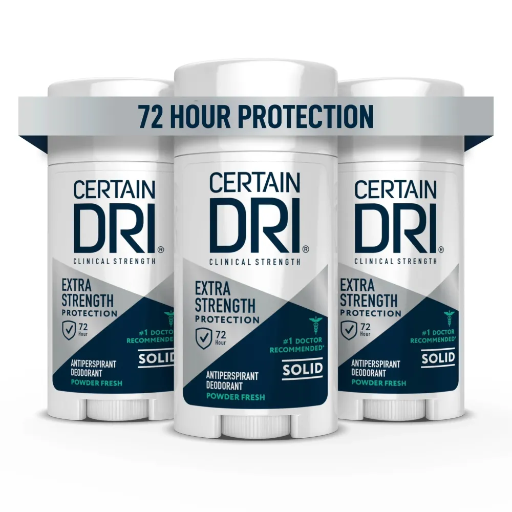 Certain Dri Extra Strength Clinical Antiperspirant Solid Deodorant, Hyperhidrosis Treatment for Men & Women, Long-Lasting 72hr Protection, Effective Sweat Control, Powder Fresh Scent, 1.7oz, 3 Pack Certain Dri Extra Strength Clinical Antiperspirant Solid Deodorant, Hyperhidrosis Treatment for Men & Women, Long-Lasting 72hr Protection, Effective Sweat Control, Powder Fresh Scent, 1.7oz, 3 Pack