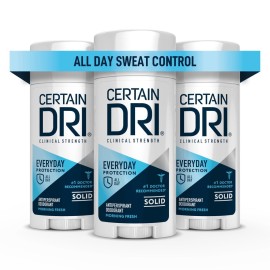 Certain Dri Everyday Strength Clinical Solid Antiperspirant, Hyperhidrosis Treatment for Men & Women, Long-Lasting 72hr Protection, Effective Sweat Control, Travel Friendly, Fresh Scent, 2.6oz, 3 Pack Certain Dri Everyday Strength Clinical Solid Antiperspirant, Hyperhidrosis Treatment for Men & Women, Long-Lasting 72hr Protection, Effective Sweat Control, Travel Friendly, Fresh Scent, 2.6oz, 3 Pack