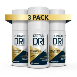 Certain Dri Prescription Strength Clinical Antiperspirant Roll-On, Hyperhidrosis Treatment for Men & Women, Long-Lasting 72hr Protection, Effective Sweat Control, Fragrance Free, 1.2 Fl oz, 3 Pack