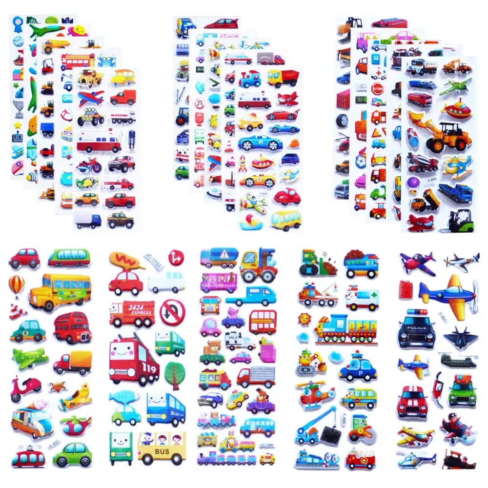 Kids Cars & Trucks Stickers Party Pack, 20 Sheets, Boys\' Vehicle Stickers with Cars, Fire Trucks, Buses, Airplane, Rocket