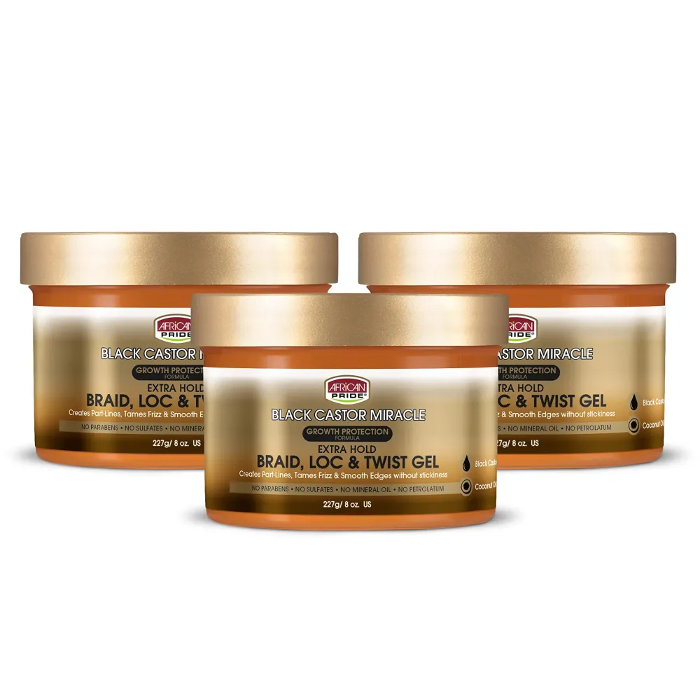 African Pride Black Castor Miracle Extra Hold Braid, Loc, Twist Gel - Tames Frizz & Edges, No Parabens, No Sulfates, No Mineral Oil, No Petrolatum, Contains Black Castor & Coconut Oil, 8 oz (3 Pack) African Pride Black Castor Miracle Extra Hold Braid, Loc, Twist Gel - Tames Frizz & Edges, No Parabens, No Sulfates, No Mineral Oil, No Petrolatum, Contains Black Castor & Coconut Oil, 8 oz (3 Pack)