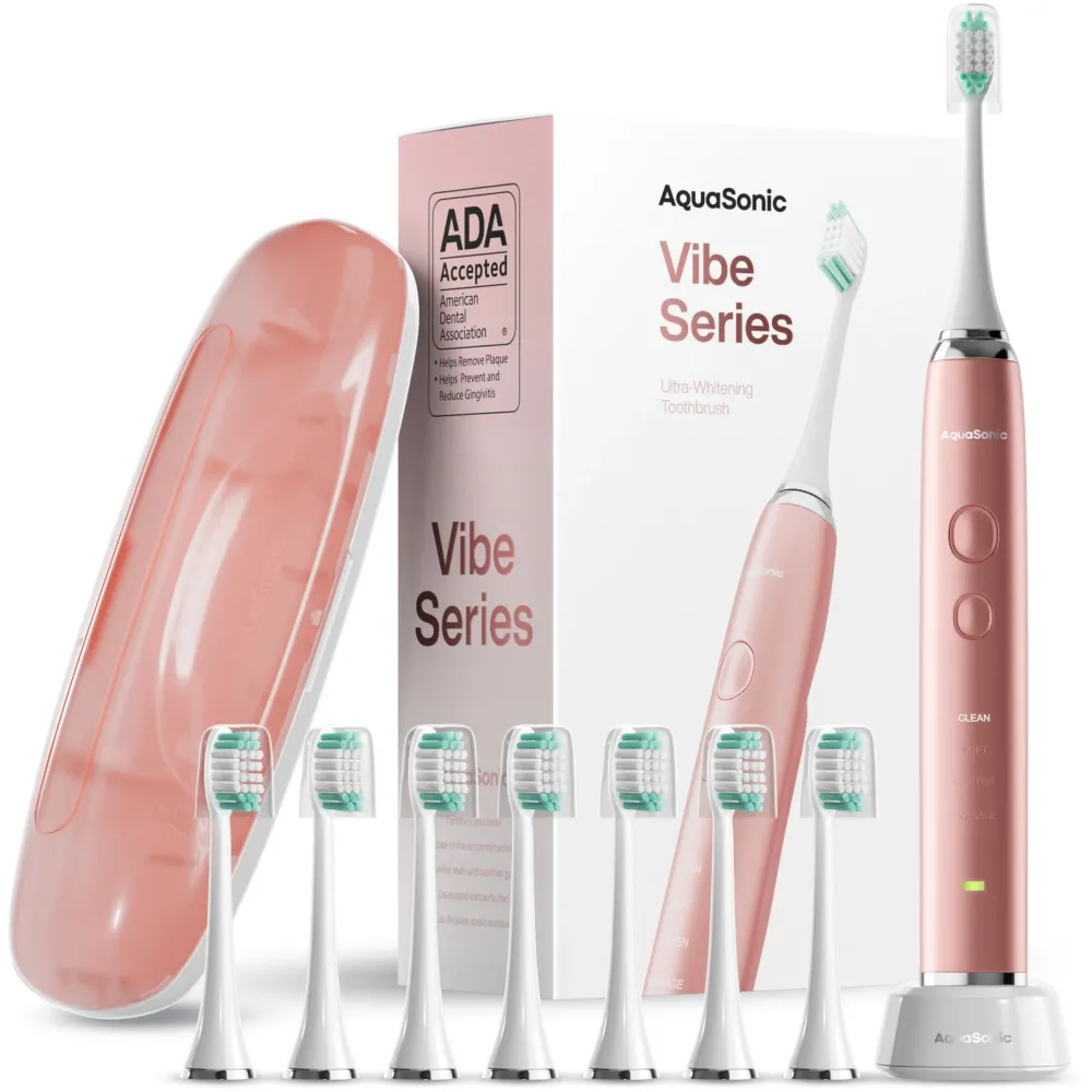 Aquasonic Vibe Series Ultra-Whitening Toothbrush - ADA Accepted Electric Toothbrush - 8 Brush Heads & Travel Case - 40,000 VPM Motor & Wireless Charging - 4 Modes w Smart Timer - Satin Rose Gold Aquasonic Vibe Series Ultra-Whitening Toothbrush - ADA Accepted Electric Toothbrush - 8 Brush Heads & Travel Case - 40,000 VPM Motor & Wireless Charging - 4 Modes w Smart Timer - Satin Rose Gold