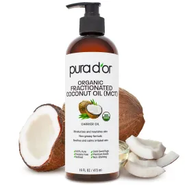 PURA D\'OR 16 Oz ORGANIC Fractionated Coconut Oil - MCT Oil - 100% Pure & Natural USDA Certified Cold Pressed Carrier Oil - Unscented, Hexane Free Moisturizer For Face, Skin & Hair Tonic - Men & Women