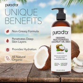 PURA D\'OR 16 Oz ORGANIC Fractionated Coconut Oil - MCT Oil - 100% Pure & Natural USDA Certified Cold Pressed Carrier Oil - Unscented, Hexane Free Moisturizer For Face, Skin & Hair Tonic - Men & Women PURA D\'OR 16 Oz ORGANIC Fractionated Coconut Oil - MCT Oil - 100% Pure & Natural USDA Certified Cold Pressed Carrier Oil - Unscented, Hexane Free Moisturizer For Face, Skin & Hair Tonic - Men & Women