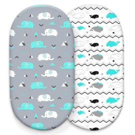 Stretch Fitted Bassinet Sheet Set BROLEX 2 Pack Cradle Sheets for Bassinet Pad/Mattress,Unisex Boys Girls,Ultra Soft,Elephant Whale
