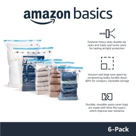 Amazon Basics Vacuum Compression Space Saving Storage Bags with Hand Pump for Clothes Packing, Jumbo, Clear, Pack of 6 Amazon Basics Vacuum Compression Space Saving Storage Bags with Hand Pump for Clothes Packing, Jumbo, Clear, Pack of 6