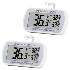 Digital Refrigerator Thermometer 2 Pack Fridge Freezer Room Thermometer Waterproof Large LCD Display Max/Min Record Function, White