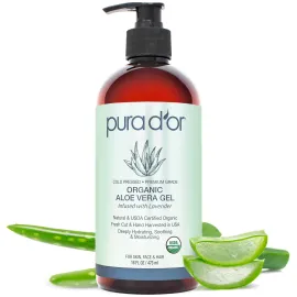 PURA D\'OR 16 Oz ORGANIC Aloe Vera Gel - Lavender - All Natural - ZERO Artificial Preservatives - Deeply Hydrating & Moisturizing - Sunburn, Bug Bites, Rashes, Small Cuts, Eczema Relief - Skin & Hair