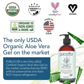 PURA D\'OR 16 Oz ORGANIC Aloe Vera Gel - Lavender - All Natural - ZERO Artificial Preservatives - Deeply Hydrating & Moisturizing - Sunburn, Bug Bites, Rashes, Small Cuts, Eczema Relief - Skin & Hair