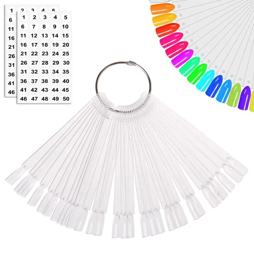 JASSINS 50 Pcs Nail Swatch Sticks with Ring and Numbered Tips - Clear Fan-shaped Display for Nail Art Polish Practice JASSINS 50 Pcs Nail Swatch Sticks with Ring and Numbered Tips - Clear Fan-shaped Display for Nail Art Polish Practice