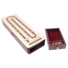 House of Cribbage Continuous Cribbage Board Alphabet e Shape Inlaid in Maple and Bloodwood with Storage Drawer for pegs and Cards - 3 Tracks